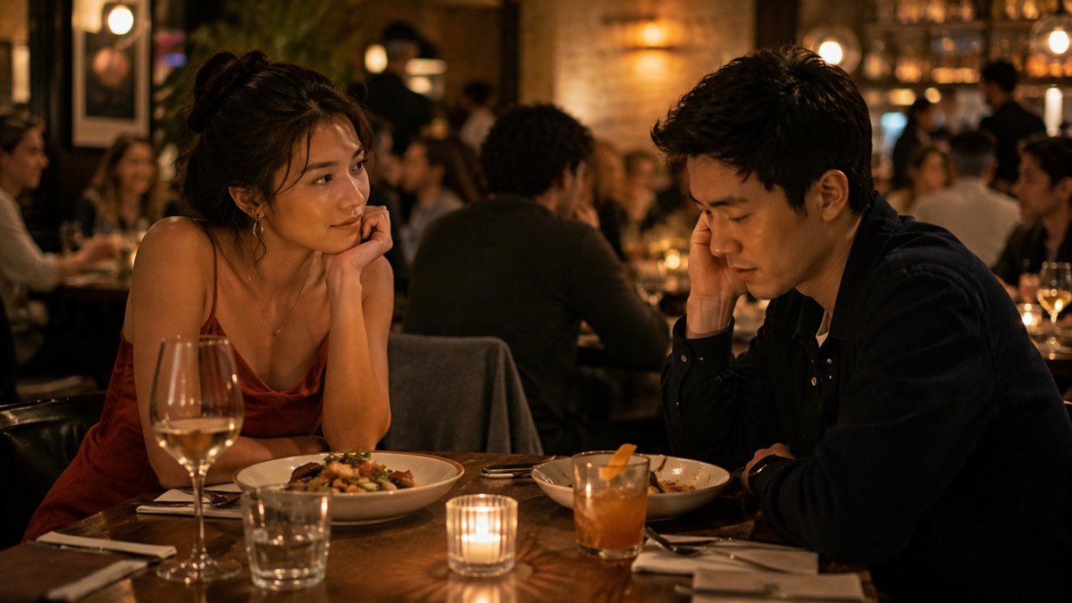 A woman in a red dress looks at a man who appears sad at a restaurant table. They sit amid others dining, with food, drinks, and a lit candle between them, creating a warm, intimate evening atmosphere.