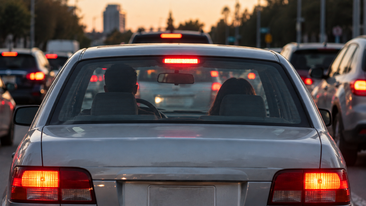A silver car with two people inside sits in heavy traffic at sunset, surrounded by other vehicles with headlights and brake lights on.