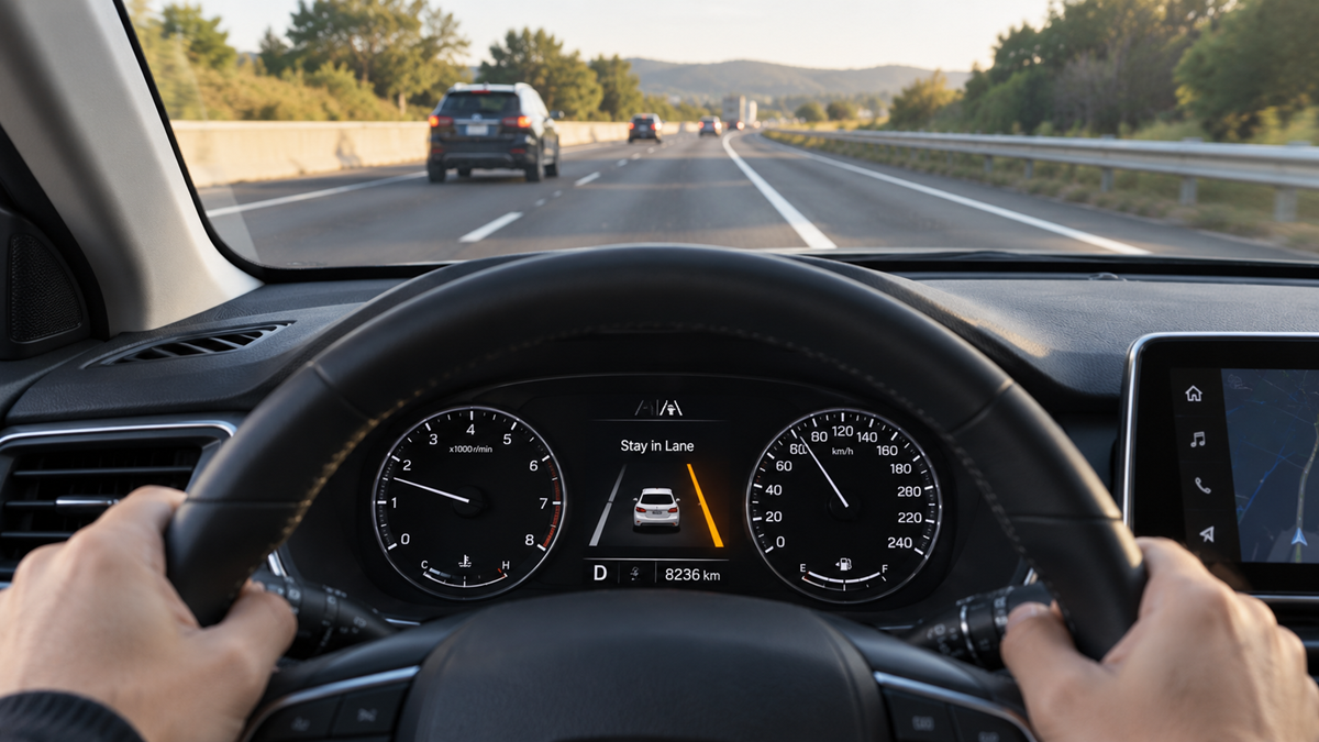 A person drives on a highway, hands on the steering wheel. The car’s dashboard displays speed, fuel, and a “Stay in Lane” indicator, while traffic and trees are visible through the windshield.
