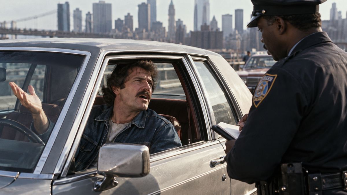 A man in a car gestures while talking to a police officer writing a ticket, with a city skyline and bridge visible in the background.