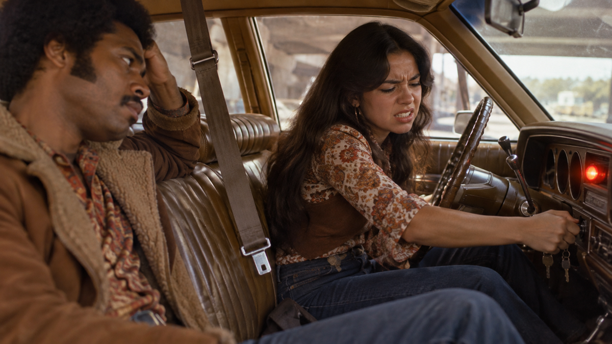 A woman struggles to start a car while a man in the passenger seat looks frustrated. Both wear 1970s-style clothing, and the dashboard light is red.