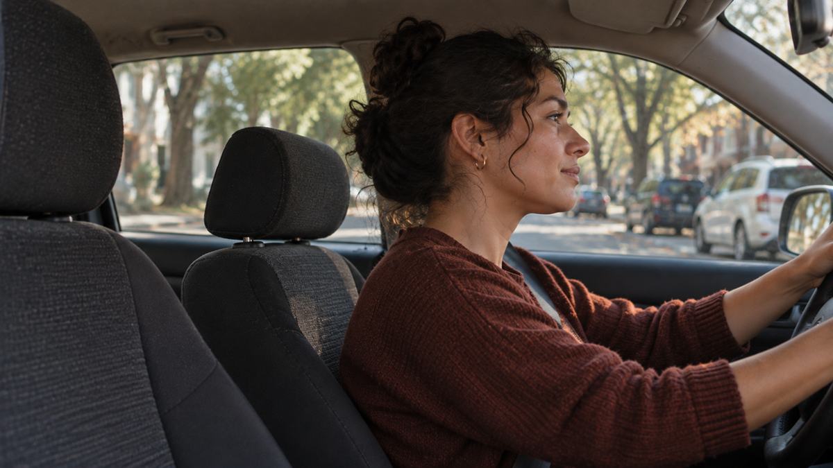 A woman with curly hair, wearing a rust-colored sweater, is sitting in the driver’s seat of a car, smiling as she drives down a tree-lined street on a sunny day.