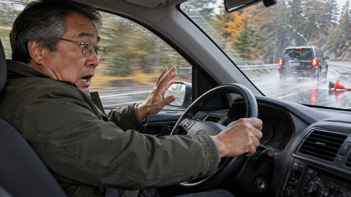 A startled man driving a car reacts with fear, raising one hand as he steers. It’s raining, and another car with flashing lights is visible ahead on the wet, curving road. An orange cone is in the road.