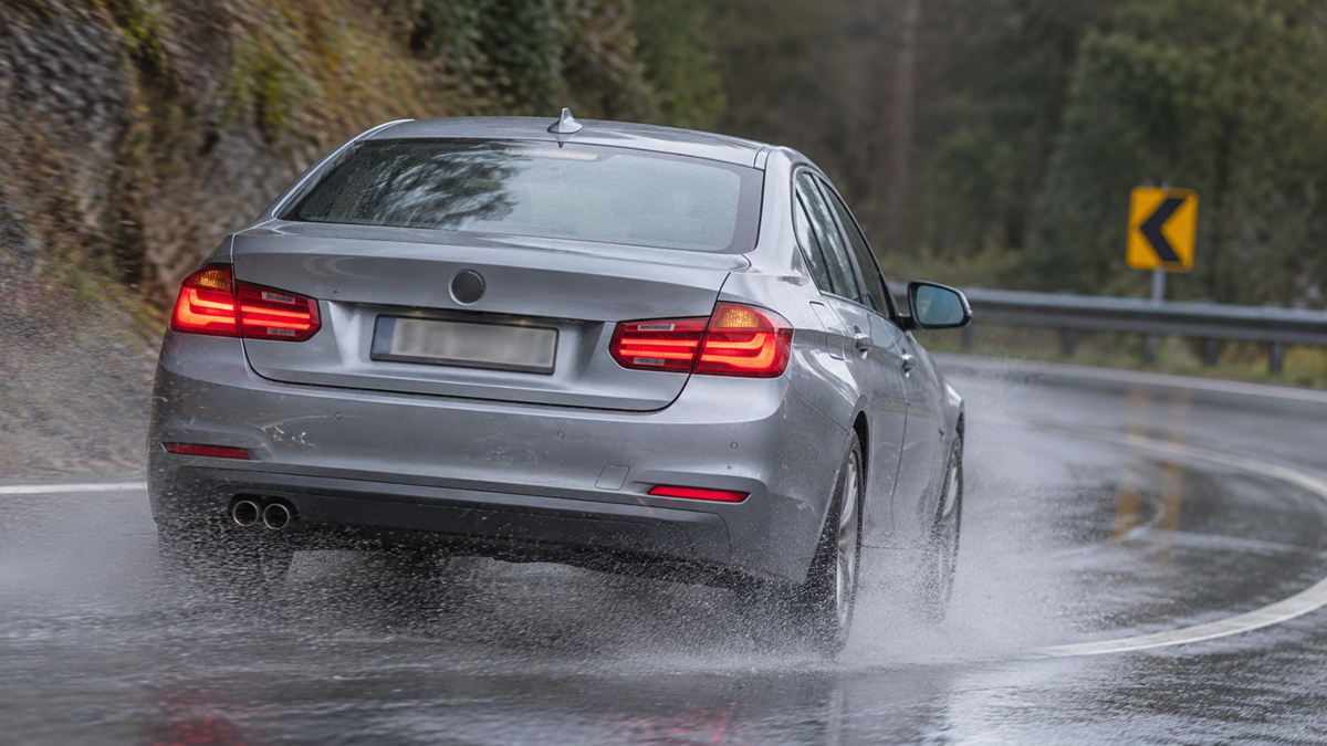 A silver car driving on a wet, curvy road with water spraying from its tires, tail lights on, and a yellow turn sign visible ahead. The scene is surrounded by greenery and appears to be during rainy weather.