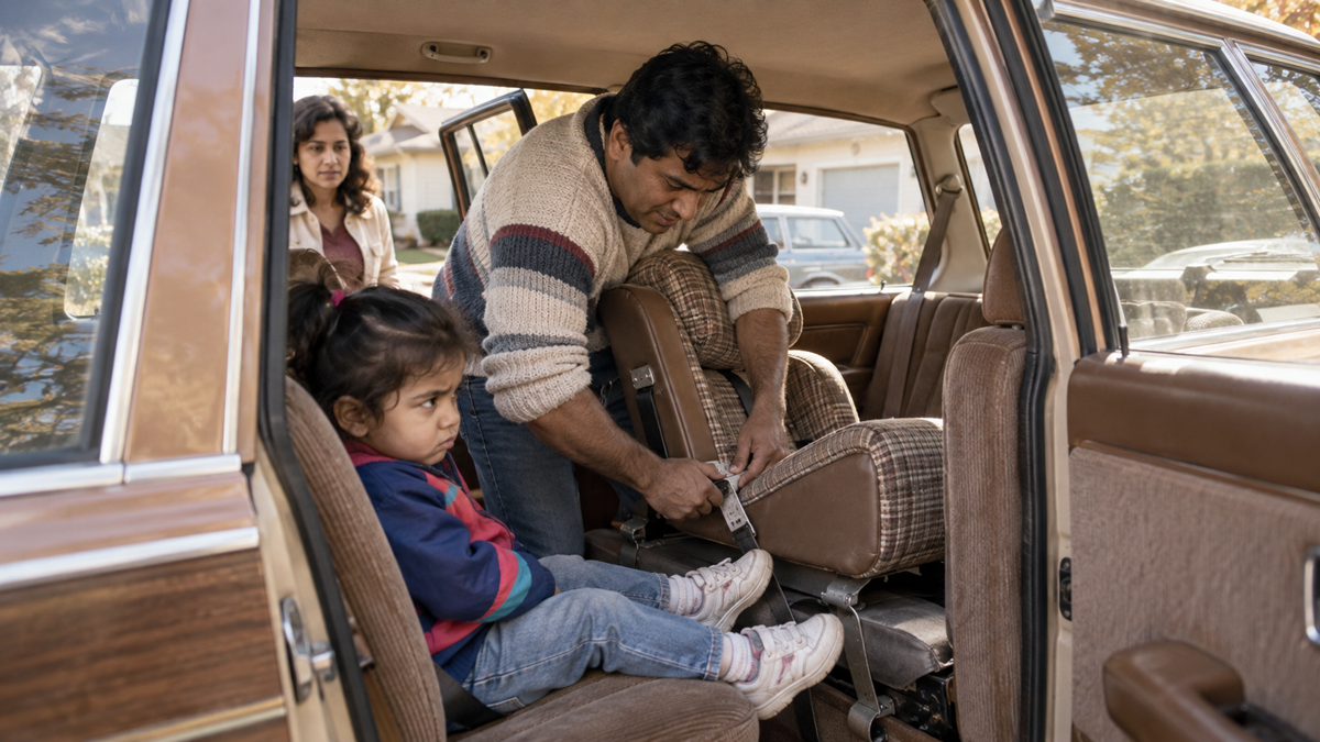 A man buckles a young girl into a car seat in the back of a car, while a woman stands outside the open door, watching.