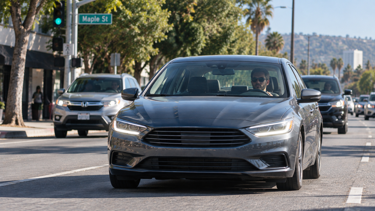 A man drives a gray sedan down a sunny city street. Other cars and palm trees line the road. A street sign reads “Maple St.” in the background.