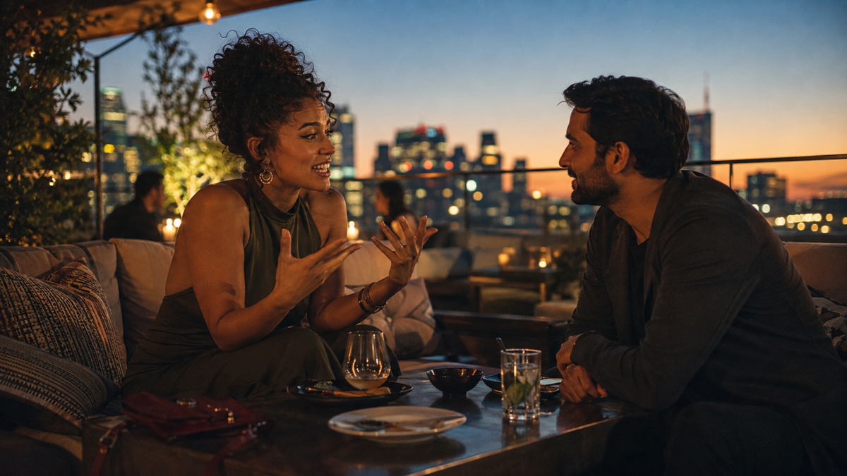 A woman and a man sit across from each other at a rooftop bar at sunset, engaged in lively conversation. City lights and buildings glow in the background, creating a warm and relaxed atmosphere.