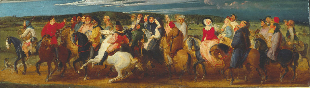 A group of people in colorful, old-fashioned clothing ride horses together across a rural landscape under a blue sky with clouds.