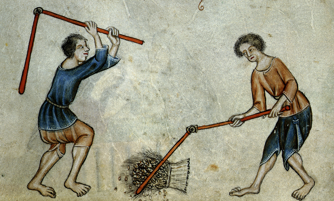 Two people in medieval clothing use flails to thresh grain on the ground. The illustration is simple, with beige background and muted colors, showing an agricultural scene.