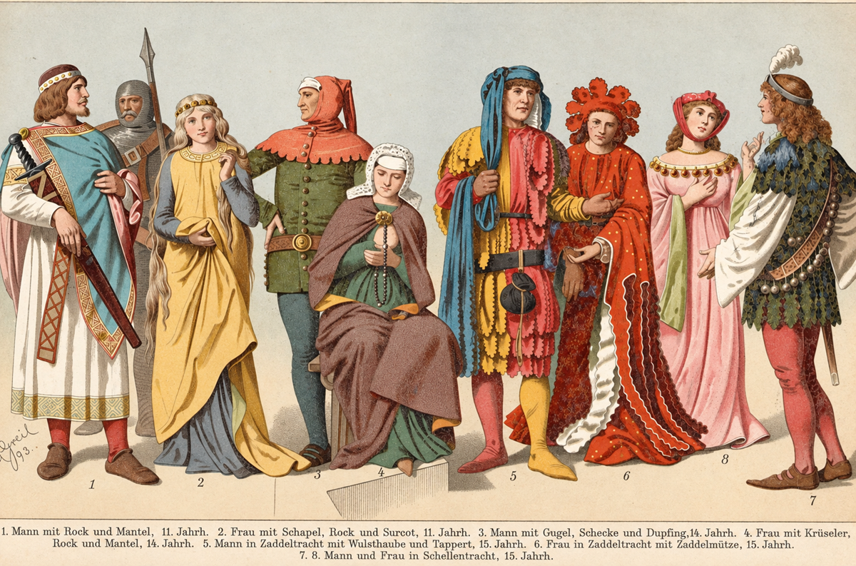 Illustration of eight men and seven women wearing detailed European clothing styles from the 11th to 15th centuries, standing in a row, each with distinct medieval outfits, headwear, and accessories.
