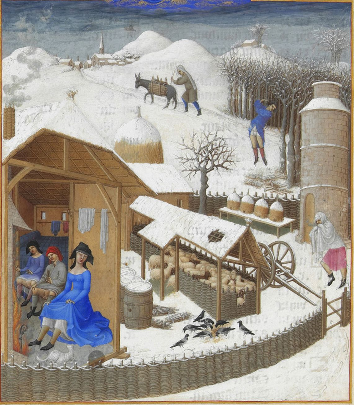 Medieval winter scene with people in blue and red clothing indoors and outdoors, sheep in pens, snow-covered ground, trees, and distant hills. One person chops wood while another leads a donkey up a snowy path.