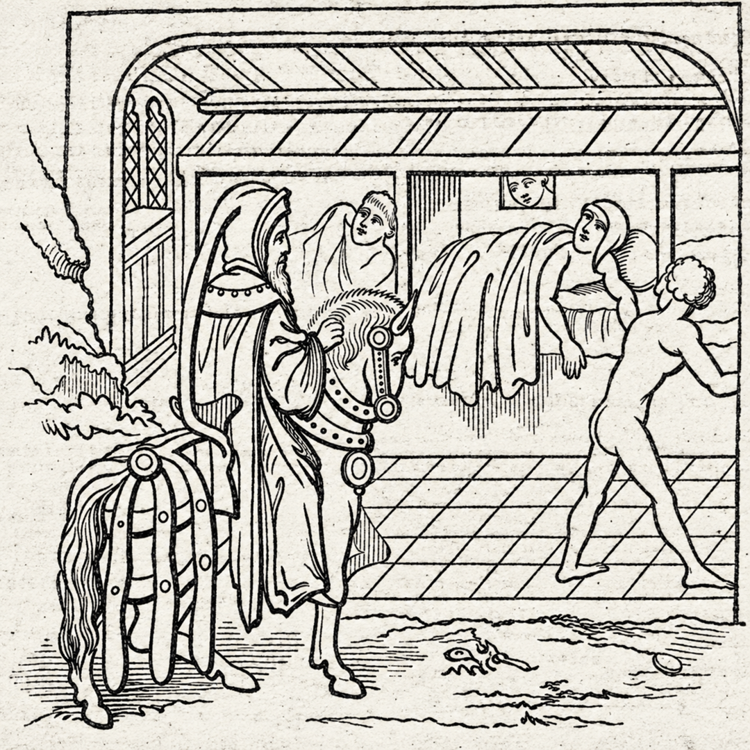 A medieval woodcut shows a cloaked figure with a horse, a naked person running, and two people in bed, one looking surprised. The scene is set indoors with visible beams and a window.