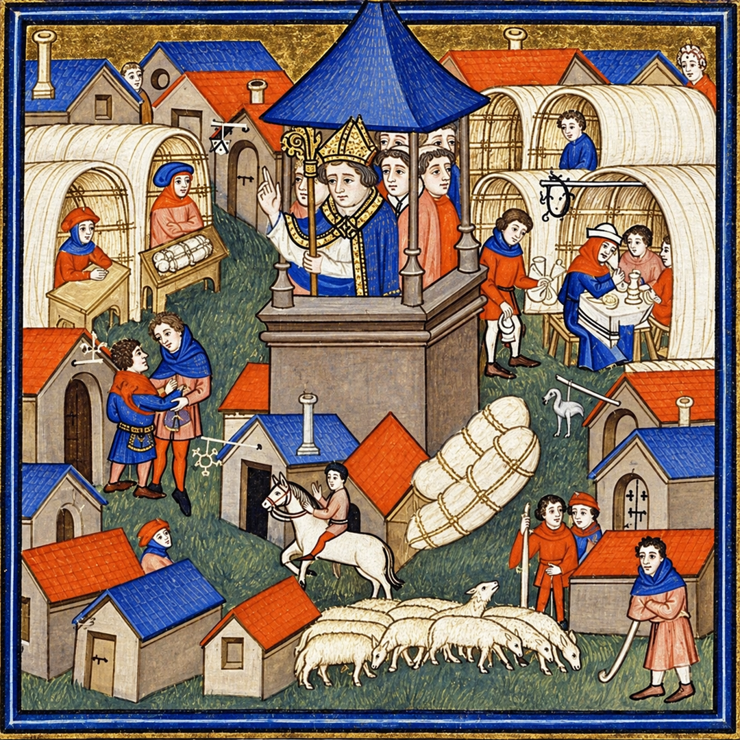 Medieval illustration of village life: people baking bread, herding sheep, trading, and a bishop blessing townsfolk from a raised platform, with houses and market stalls in the background.