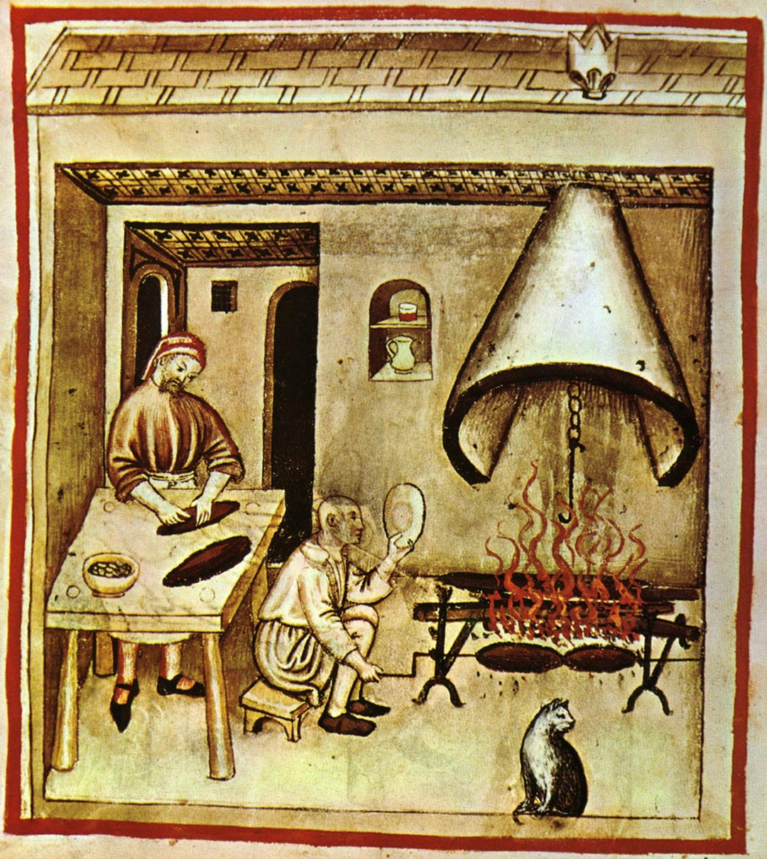 Medieval kitchen scene: One person chops food at a table while another tends meat roasting on a spit over a fire. A cat sits nearby, and shelves with jars are on the wall.