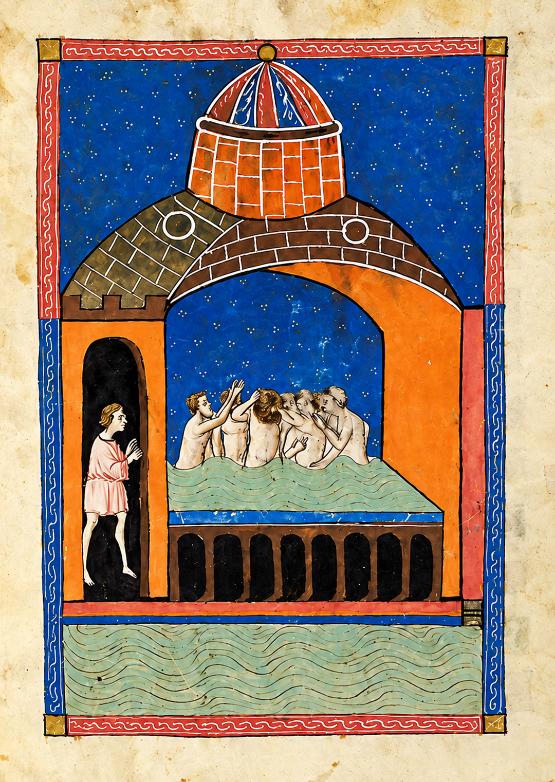 Middle ages. Medieval illustration of six people bathing together in a large pool beneath a domed structure, while one person stands at the entrance. The scene is set against a starry blue sky.