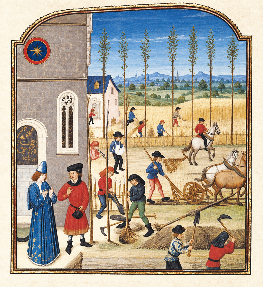 Medieval harvest scene with workers cutting wheat, gathering stalks, and loading hay onto a horse-drawn cart; two people in fine clothes stand near a stone building in the foreground. Trees and fields fill the background.