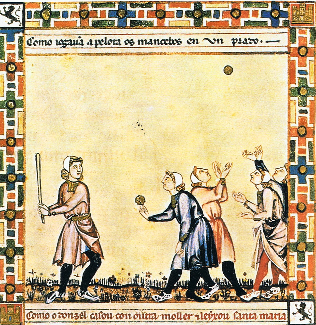 Medieval-style illustration of five people playing a ball game. One holds a bat, about to hit a ball thrown by another. Three others watch and gesture. The scene is framed by decorative patterns and text above.