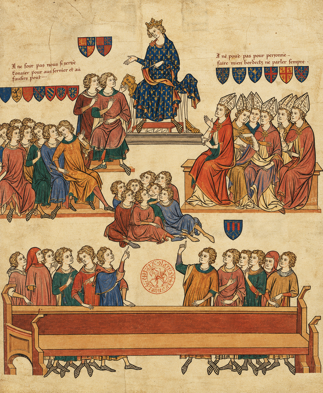A medieval king in blue robes sits on a throne surrounded by advisors, bishops, and courtiers, engaging in discussion. Heraldic shields and French text decorate the scene.
