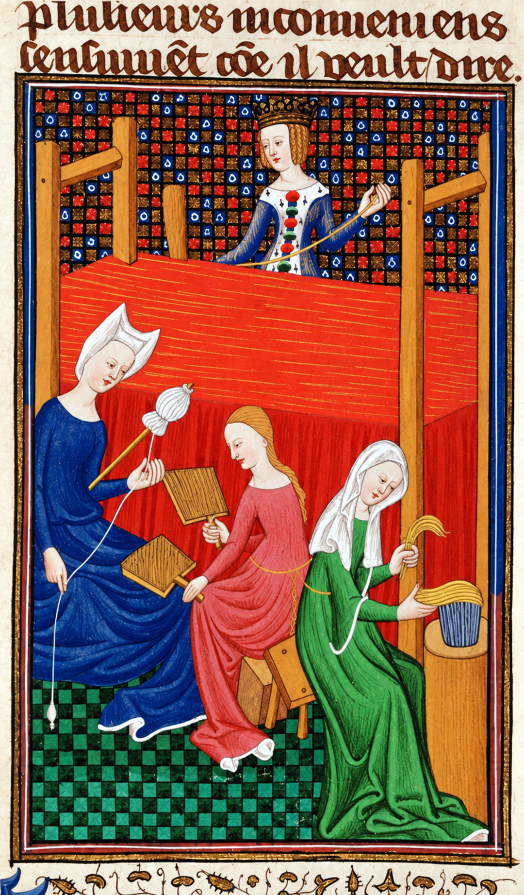 Three women spin and weave thread while a crowned figure watches from above; the scene has colorful medieval robes, a patterned background, and illuminated text at the top.
