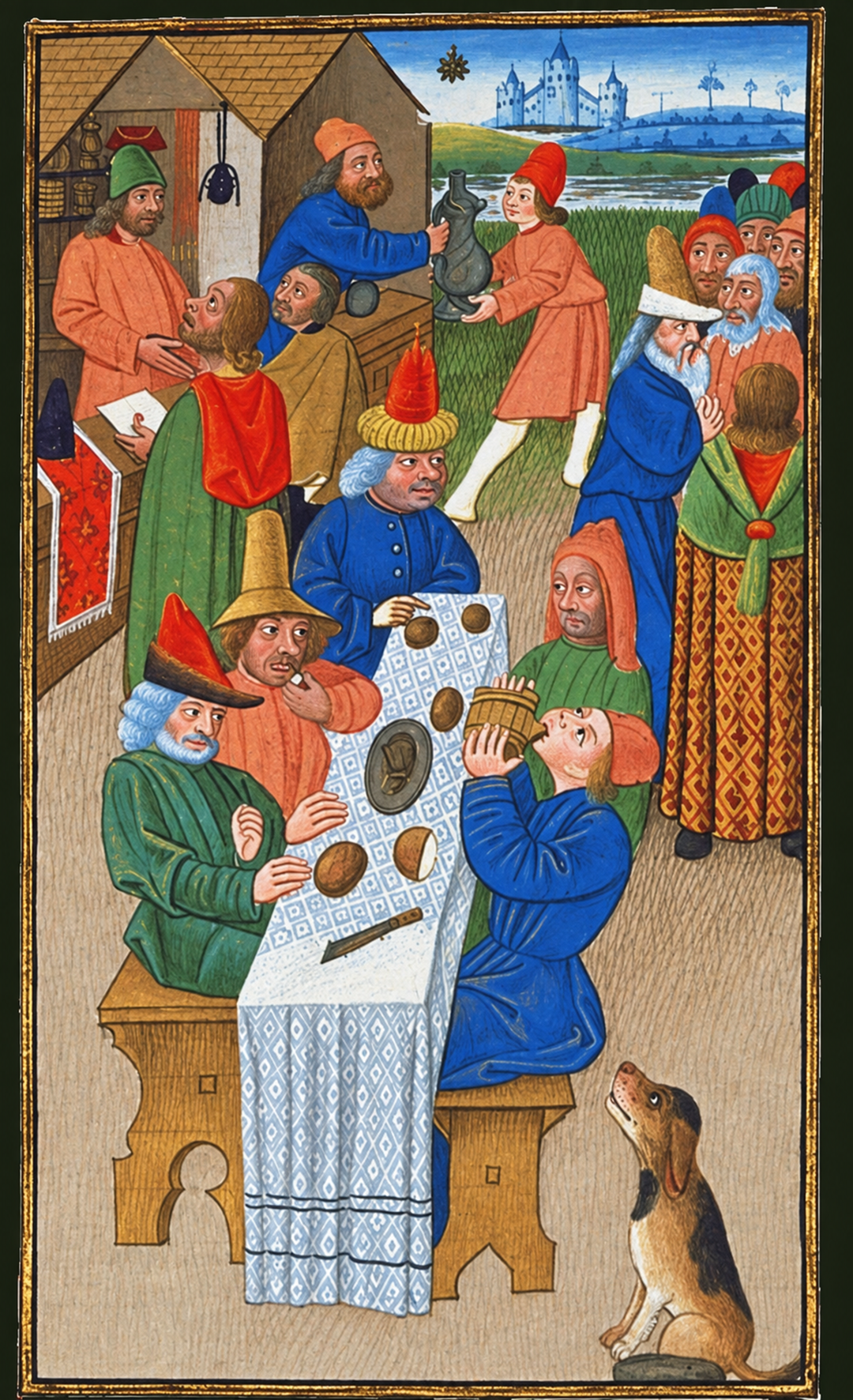 Medieval scene with people eating and drinking at a table outdoors. Others stand talking nearby, with buildings and a castle in the background. A dog sits by the table. The setting is lively and colorful.