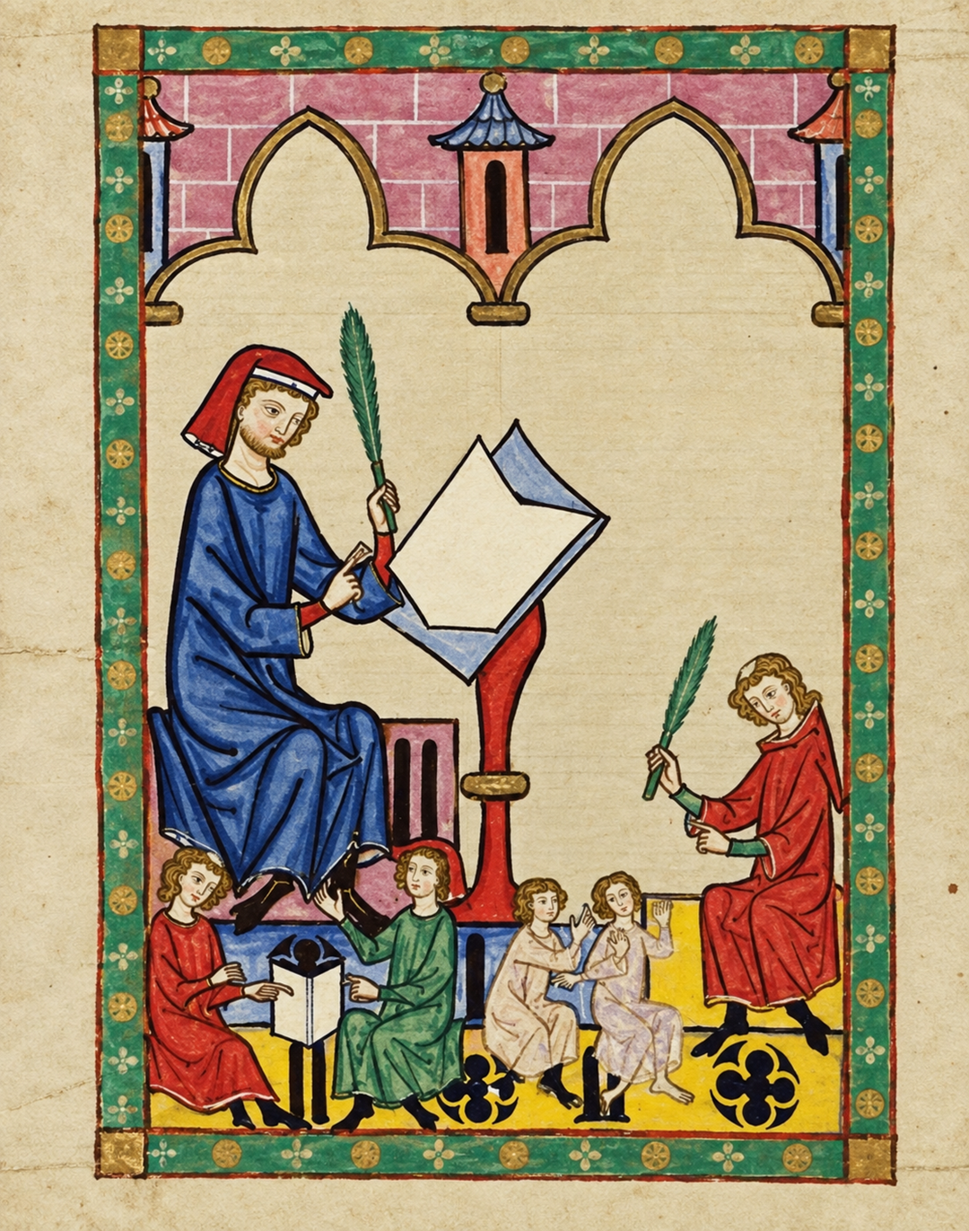 Medieval illustration of a teacher in blue robes holding a quill, instructing students seated below, some writing on tablets, within a decorated architectural frame.
