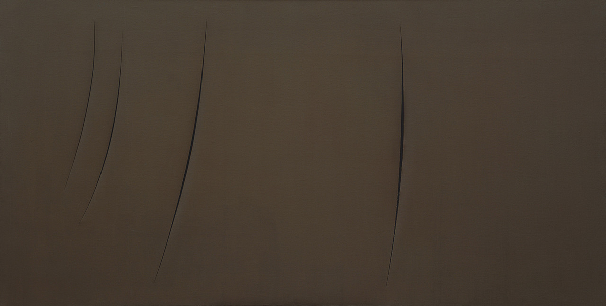 A brown canvas with three vertical slashes on the left and two on the right, creating subtle shadows and depth on the otherwise smooth, monochromatic surface.