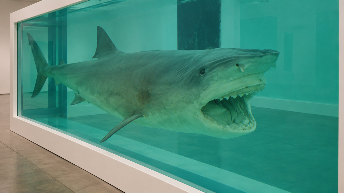 A large shark with its mouth open is suspended in a clear glass tank filled with blue-green liquid, displayed in a gallery space with white walls and a gray floor.
