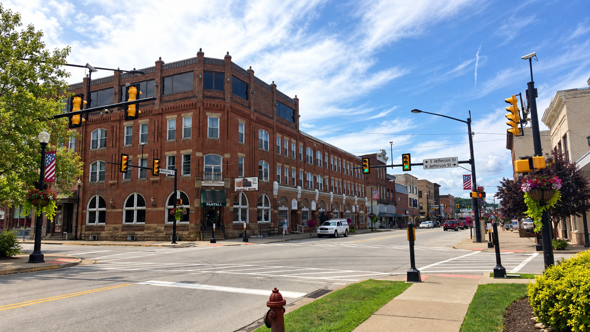 A sunny downtown street with a historic red brick building, traffic lights, crosswalks, cars parked along the road, and hanging flower baskets. Blue sky with scattered clouds above.