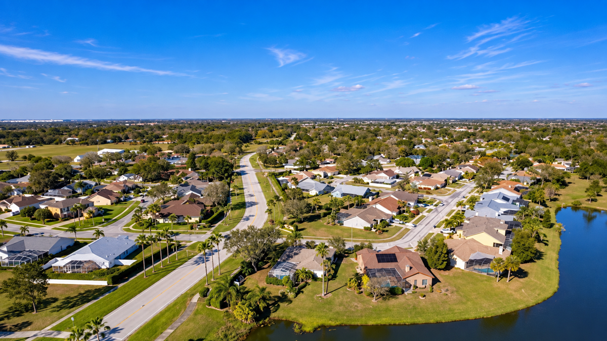 Aerial view of a suburban neighborhood with houses, roads, trees, and a small pond under a bright blue sky with scattered clouds.