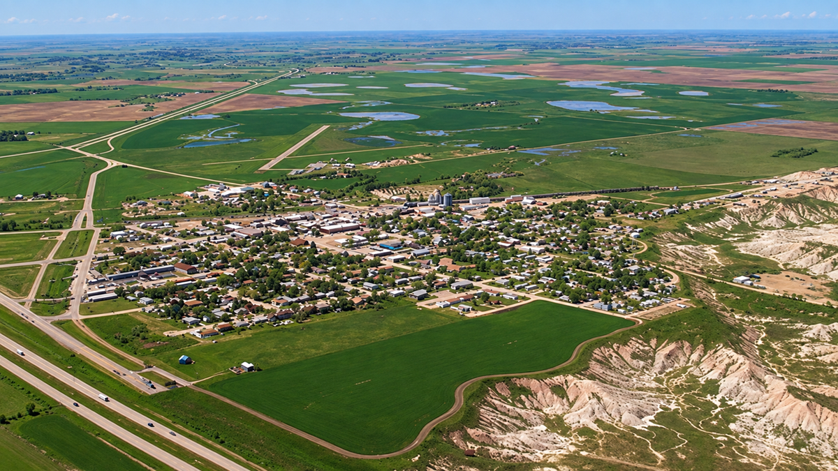Aerial view of a small rural town surrounded by green fields, roads, and patches of water, with some white rocky cliffs in the foreground and flat farmland stretching to the horizon.