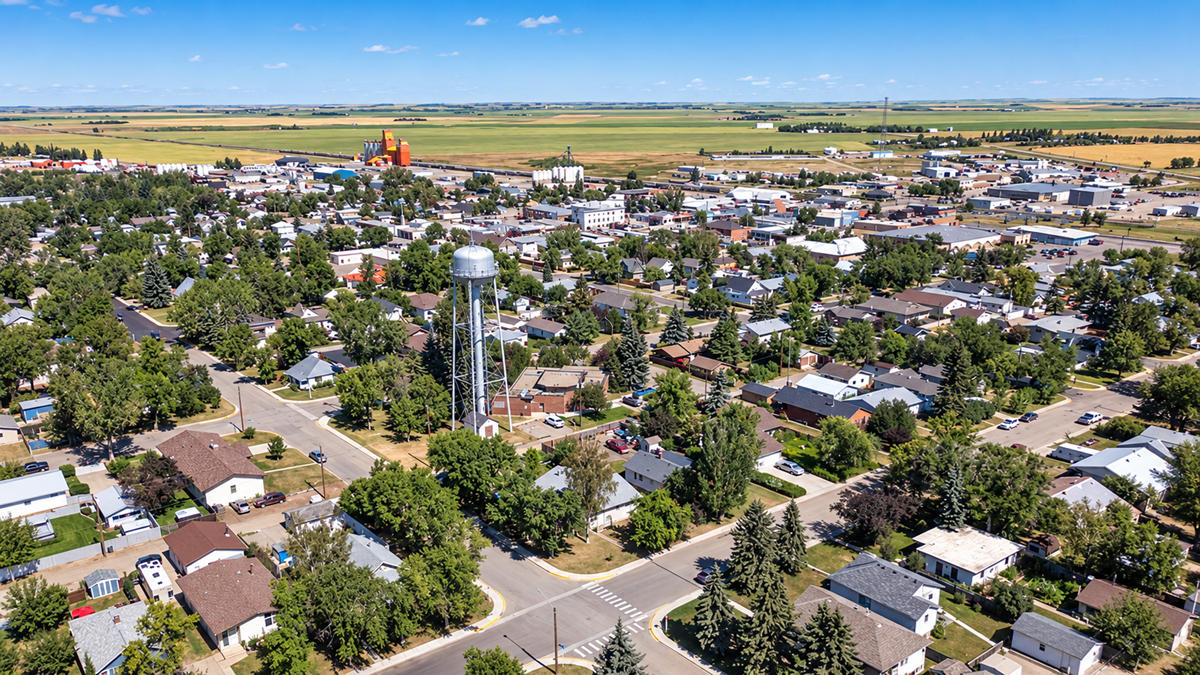 Aerial view of a small town with a tall water tower, tree-lined streets, residential houses, and farmland in the background under a blue sky with scattered clouds.