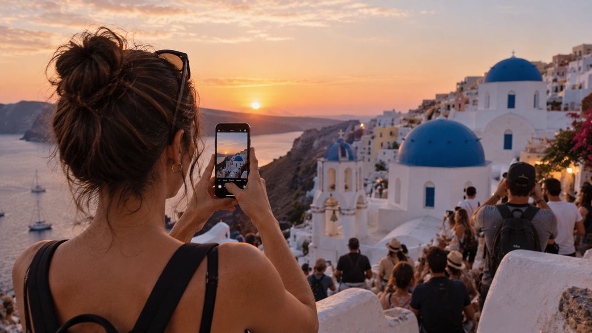 A woman takes a photo of a sunset over Santorini, Greece, with blue-domed churches, white buildings, and a crowd of tourists visible in the warm evening light.