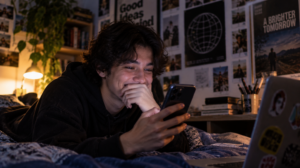 A person lying on a bed smiles while looking at their phone. A laptop with stickers is nearby. The room has posters, books, plants, and warm lighting, creating a cozy atmosphere.