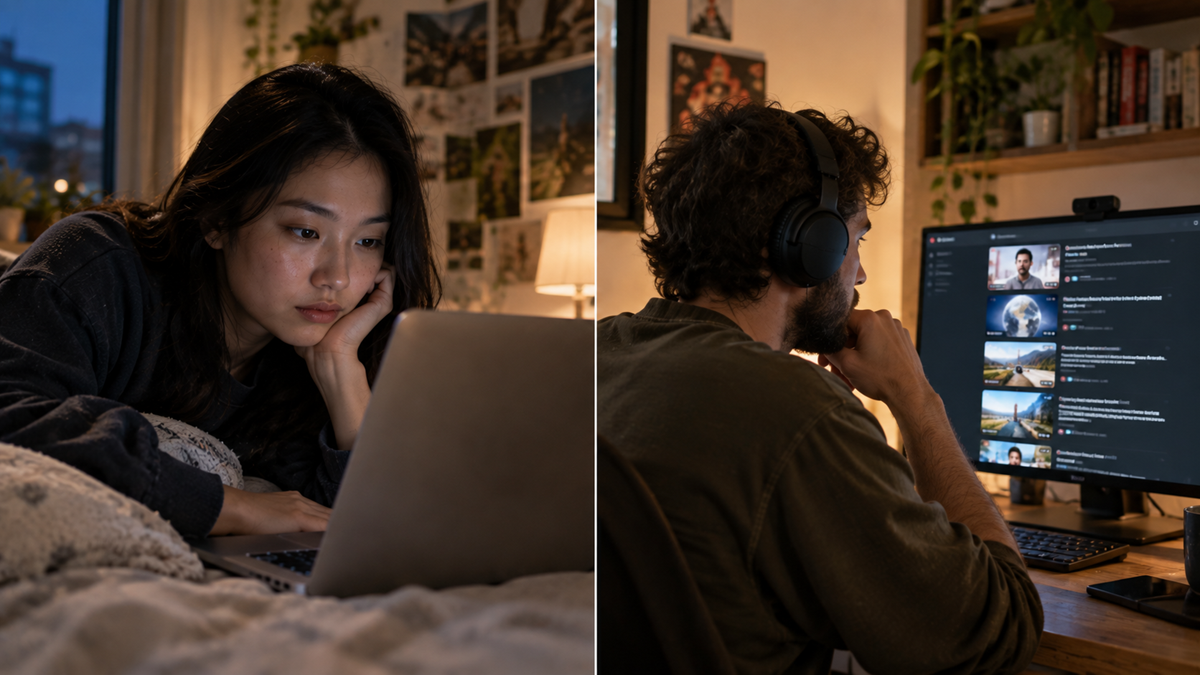 A young woman lies on her bed using a laptop, while a man wearing headphones sits at a desk watching videos on a computer monitor in a cozy, decorated room.