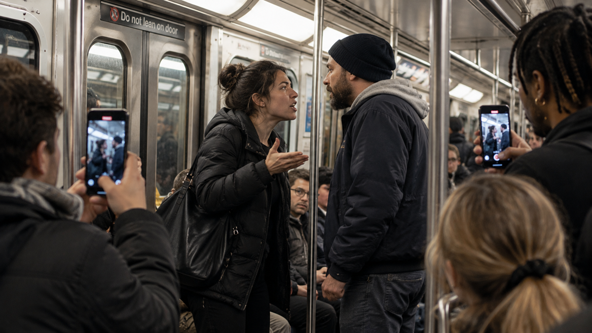 A woman and a man argue intensely on a crowded subway, while several passengers record the confrontation on their phones.