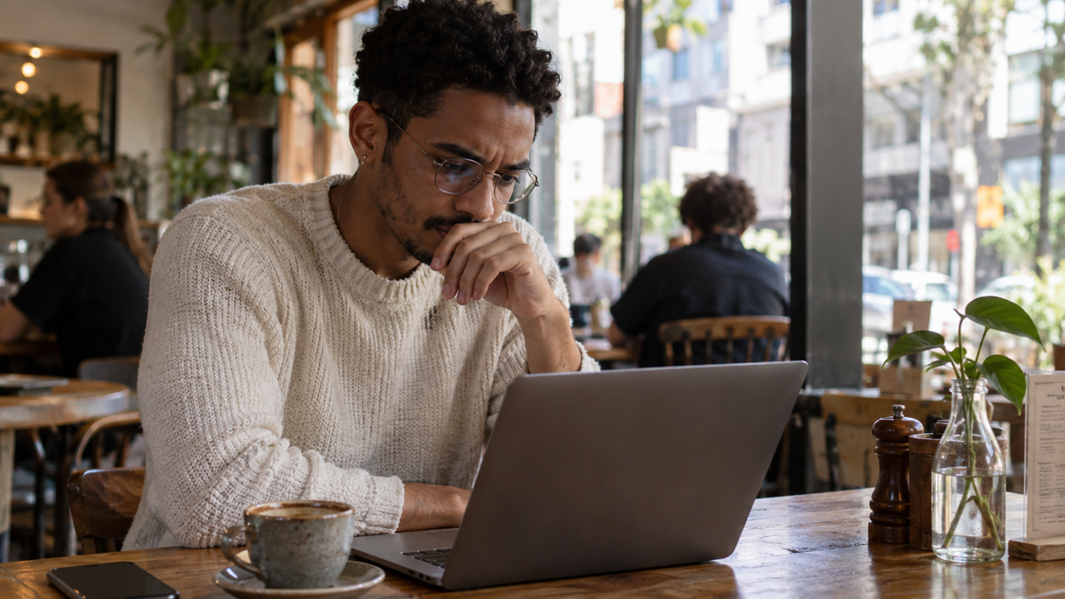 A man wearing glasses and a cream sweater sits at a café table, looking thoughtfully at a laptop. There’s a cup of coffee, a phone, and plants on the table, with a bright window and other patrons in the background.