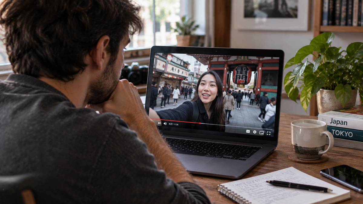 A person watches a travel vlog featuring a woman at a busy street on a laptop. A notebook, pen, book, smartphone, coffee mug, and potted plant are on the wooden desk.