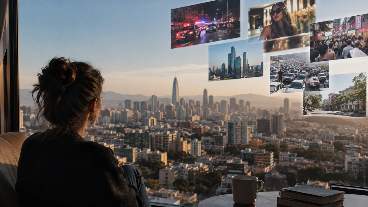 Internet. A woman looks out at a city skyline through a window displaying floating digital images, including traffic, police cars, a woman in sunglasses, and crowded city scenes. Two cups and a book sit on the table in front of her.