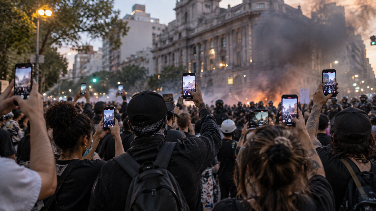 A crowd of people hold up phones to record a protest in front of a large building, with smoke and fire visible in the background. Many are wearing dark clothing and backpacks.