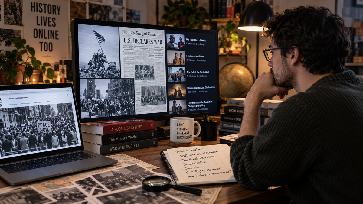 A man studies history at a desk with books, notes, and two monitors displaying war headlines, historic photos, and articles. The scene is cozy, with warm lighting, a coffee mug, and handwritten notes.