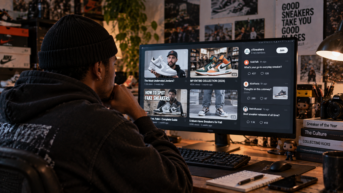 A person sits at a desk watching sneaker review videos on a computer monitor, surrounded by sneaker boxes, a camera, notes, and plants in a cozy, dimly lit room.