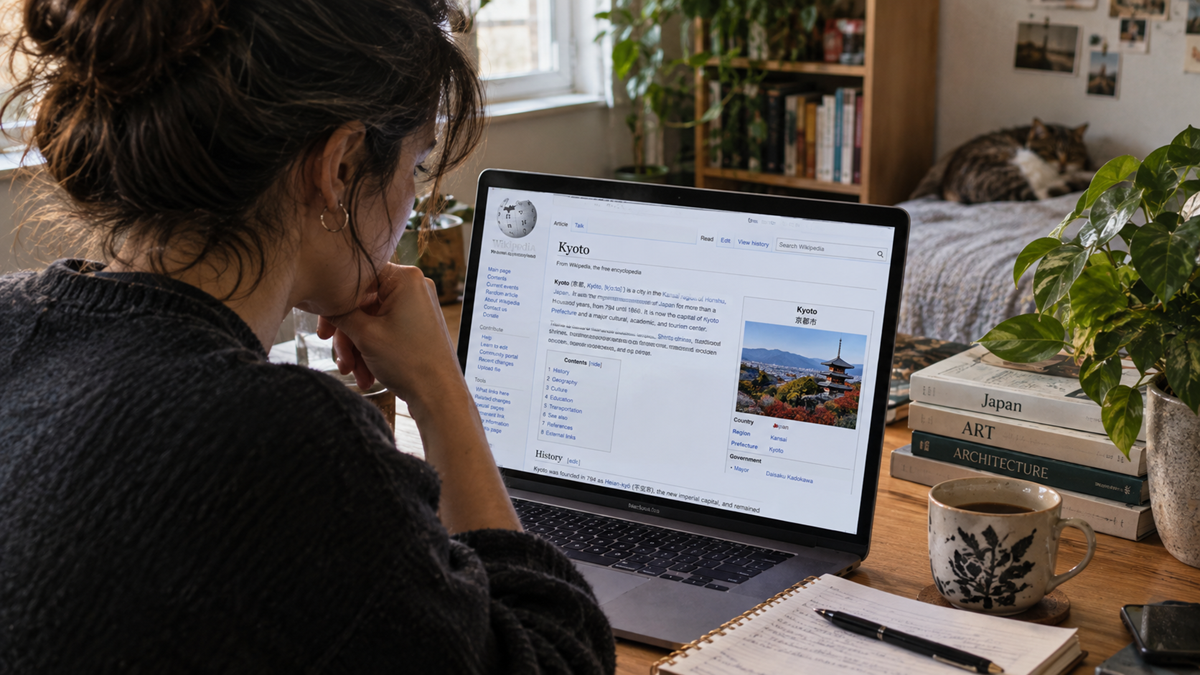 A person sits at a desk, looking at a laptop screen displaying a Wikipedia page about Kyoto. Nearby are books, a notebook with a pen, a mug, and a cat resting on a bed in a cozy, plant-filled room.