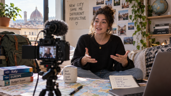 A woman sits on a bed with travel guides, filming herself on camera. A handwritten note, laptop, and mug are nearby. Photos, plants, and a “New City Same Me Different Perspective” sign decorate the room.