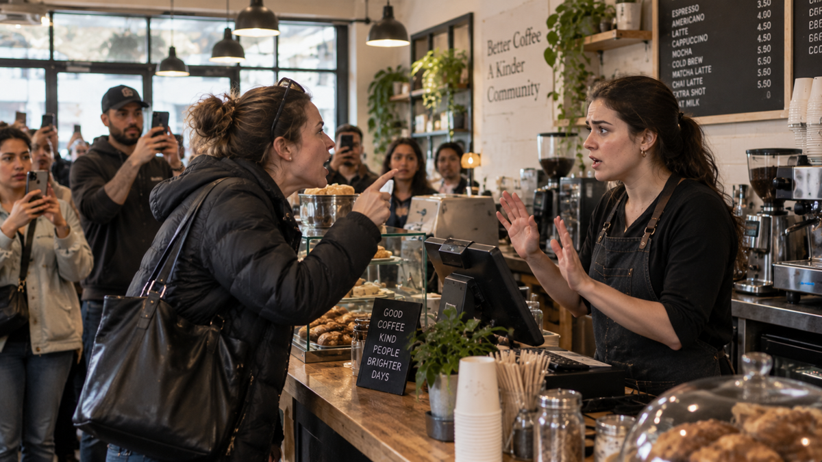 A customer angrily confronts a barista behind the counter in a busy coffee shop, while other patrons look on and some record the scene with their phones. The barista appears surprised and defensive.