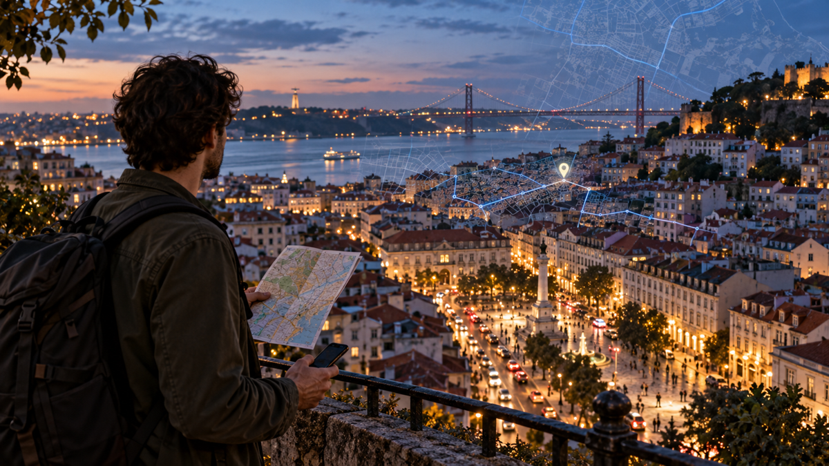 A person with a backpack holds a map and phone, overlooking a cityscape at dusk with a river, bridge, and illuminated streets. A digital map overlay with a location pin appears above the city.