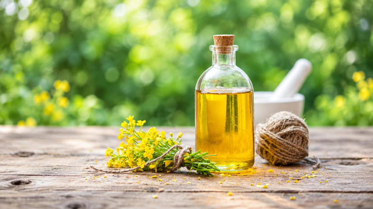 A glass bottle of yellow oil with a cork sits on a wooden table next to yellow flowers, a ball of twine, and a white mortar and pestle. Greenery and bokeh light fill the background.