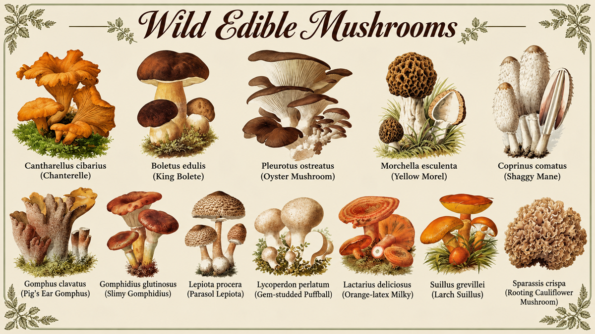 Twelve types of wild edible mushrooms are illustrated and labeled, including chanterelle, king bolete, oyster mushroom, yellow morel, shaggy mane, pig’s ear, shiny gomphus, parasol, gem-studded puffball, orange-latex milk, slippery jack, and cauliflower.