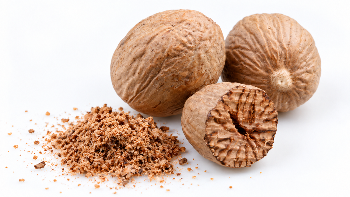 Three whole nutmeg seeds are shown with one partially cut, next to a small pile of grated nutmeg on a white background.