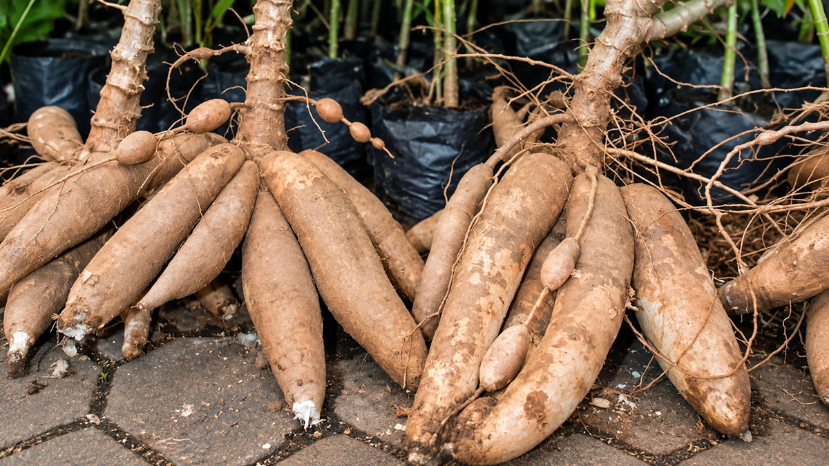 Freshly harvested cassava roots with some fibrous stems and smaller tubers attached, lying on a stone-tiled ground near black plastic planting bags and green foliage in the background.
