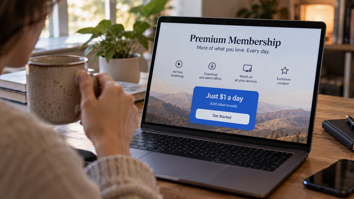 A person holding a mug looks at a laptop screen displaying a Premium Membership offer: ad-free streaming, downloads, access on all devices, exclusive content, and a $1 per day subscription.